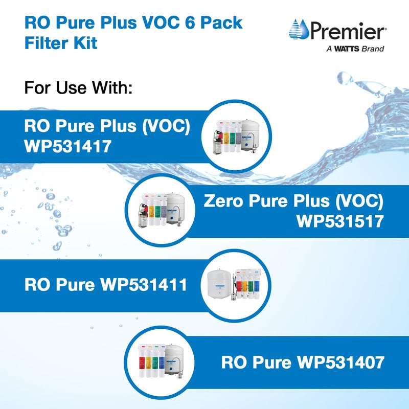 Watts Premier Annual RO Pure Plus 6-Pack Filtration Kit for Zero/Pure Plus Reverse Osmosis System, Push Button Water Filter Replacement, 2 Sediment Filters, 2 Carbon Pre-Filters, VOC, Membrane - Image 3